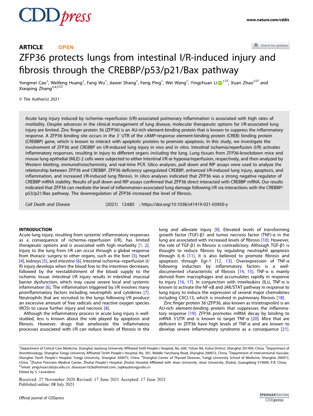 ZFP36 Protects Lungs from Intestinal I/R-Induced Injury and Fibrosis