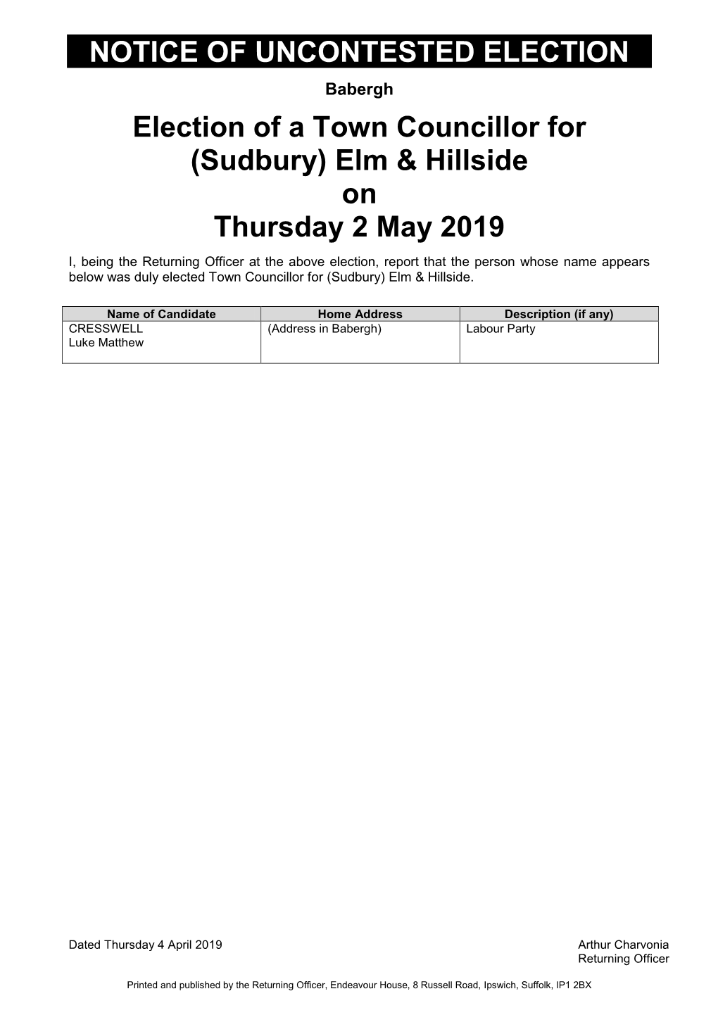 (Sudbury) Elm & Hillside on Thursday 2 May 2019