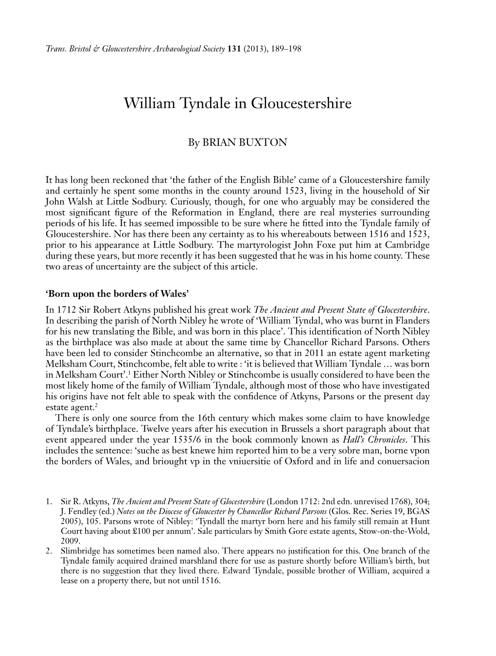 William Tyndale in Gloucestershire