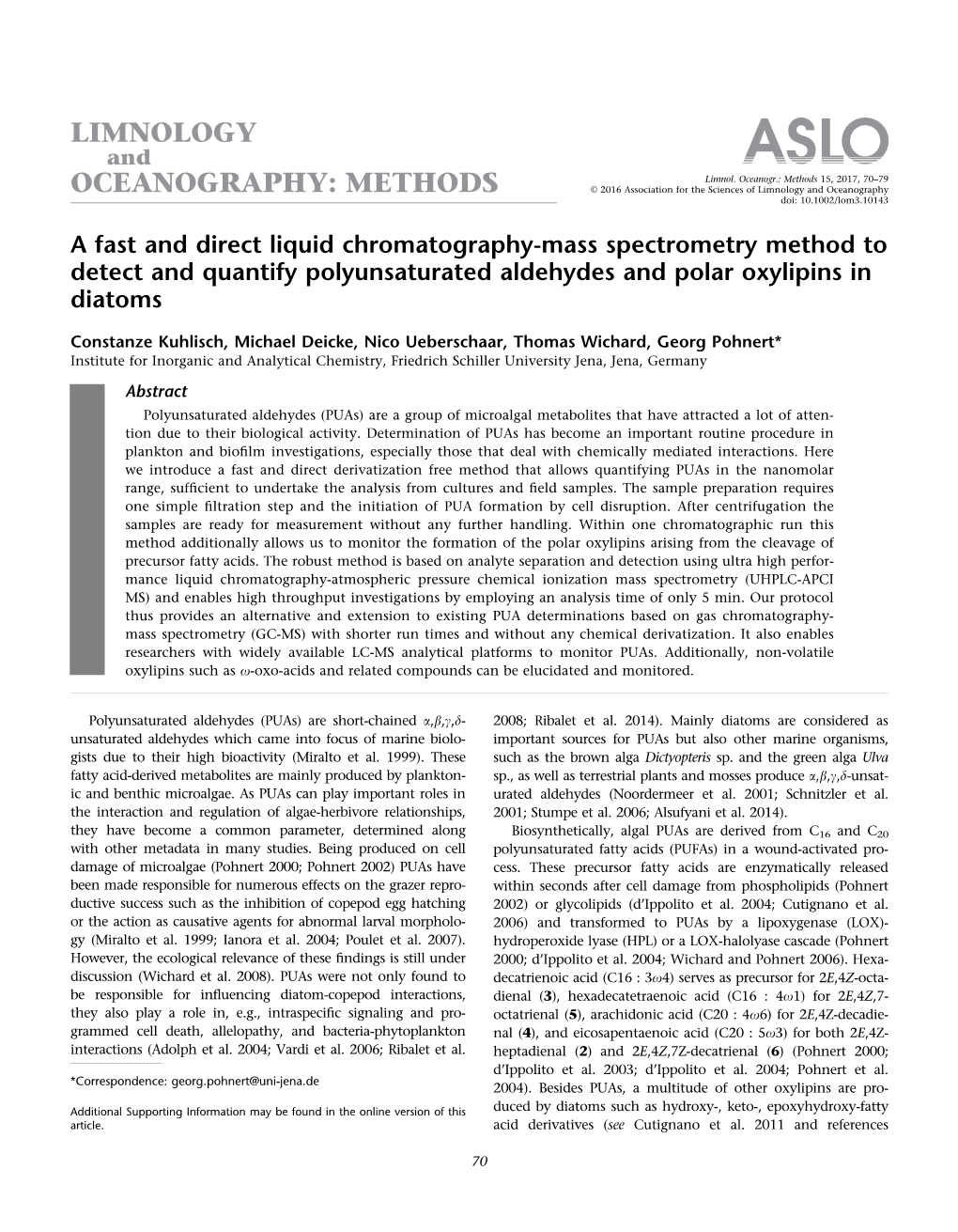 Mass Spectrometry Method to Detect and Quantify Polyunsaturated Aldehydes and Polar Oxylipins in Diatoms