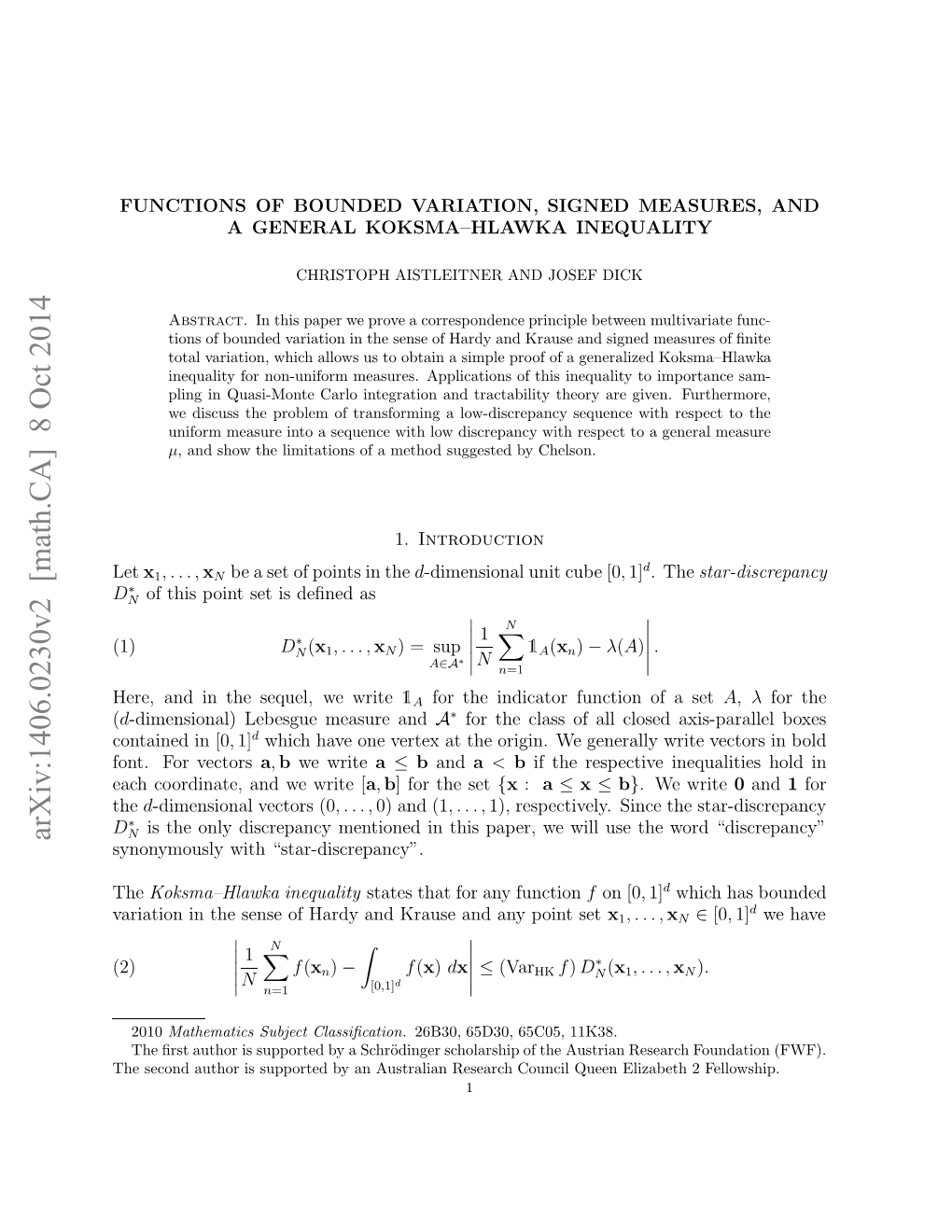 Arxiv:1406.0230V2 [Math.CA] 8 Oct 2014 Ee N Ntesqe,W Write We Sequel, the in and Here, D the “Star-Discrepancy”