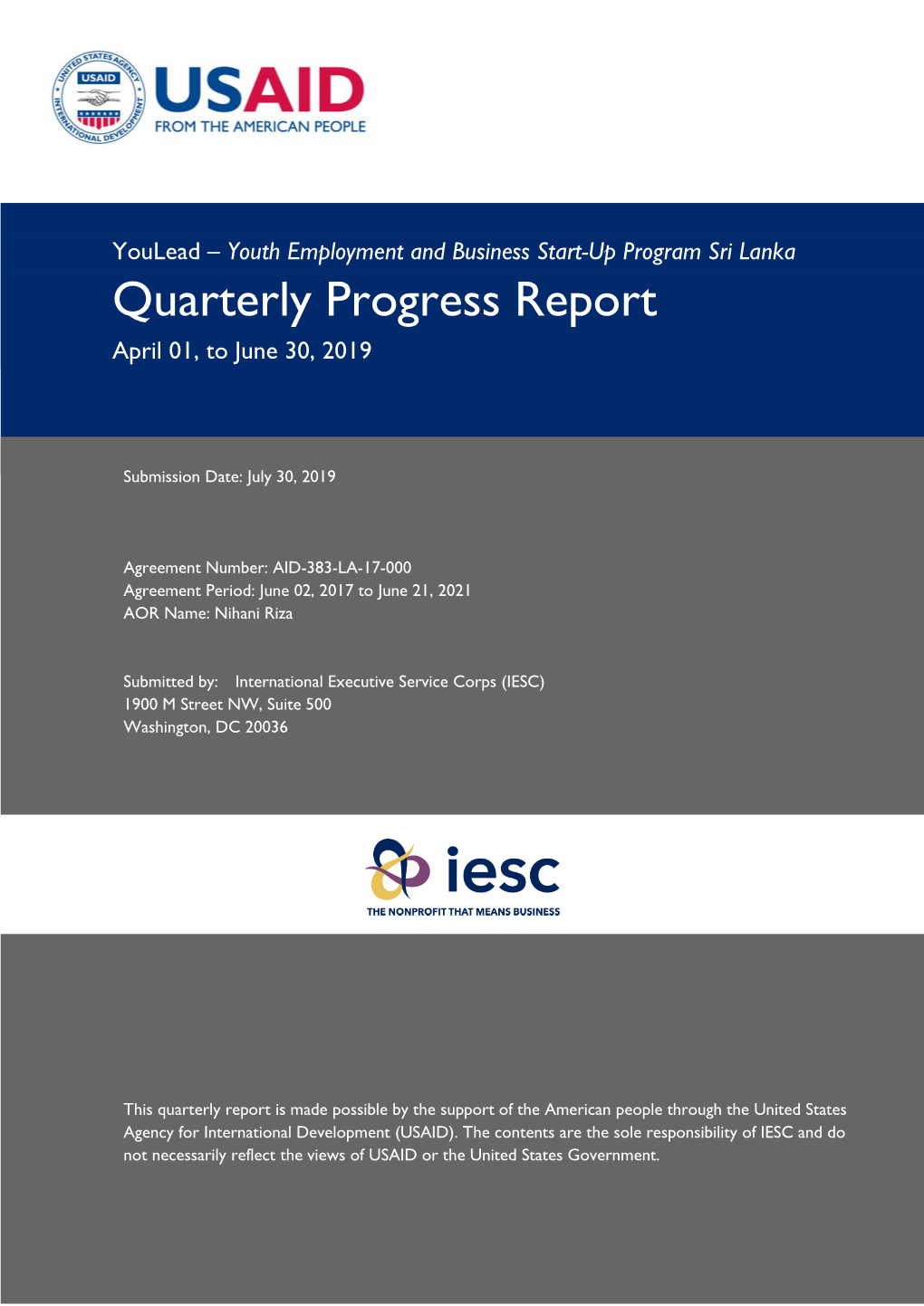 Quarterly Progress Report April 01, to June 30, 2019