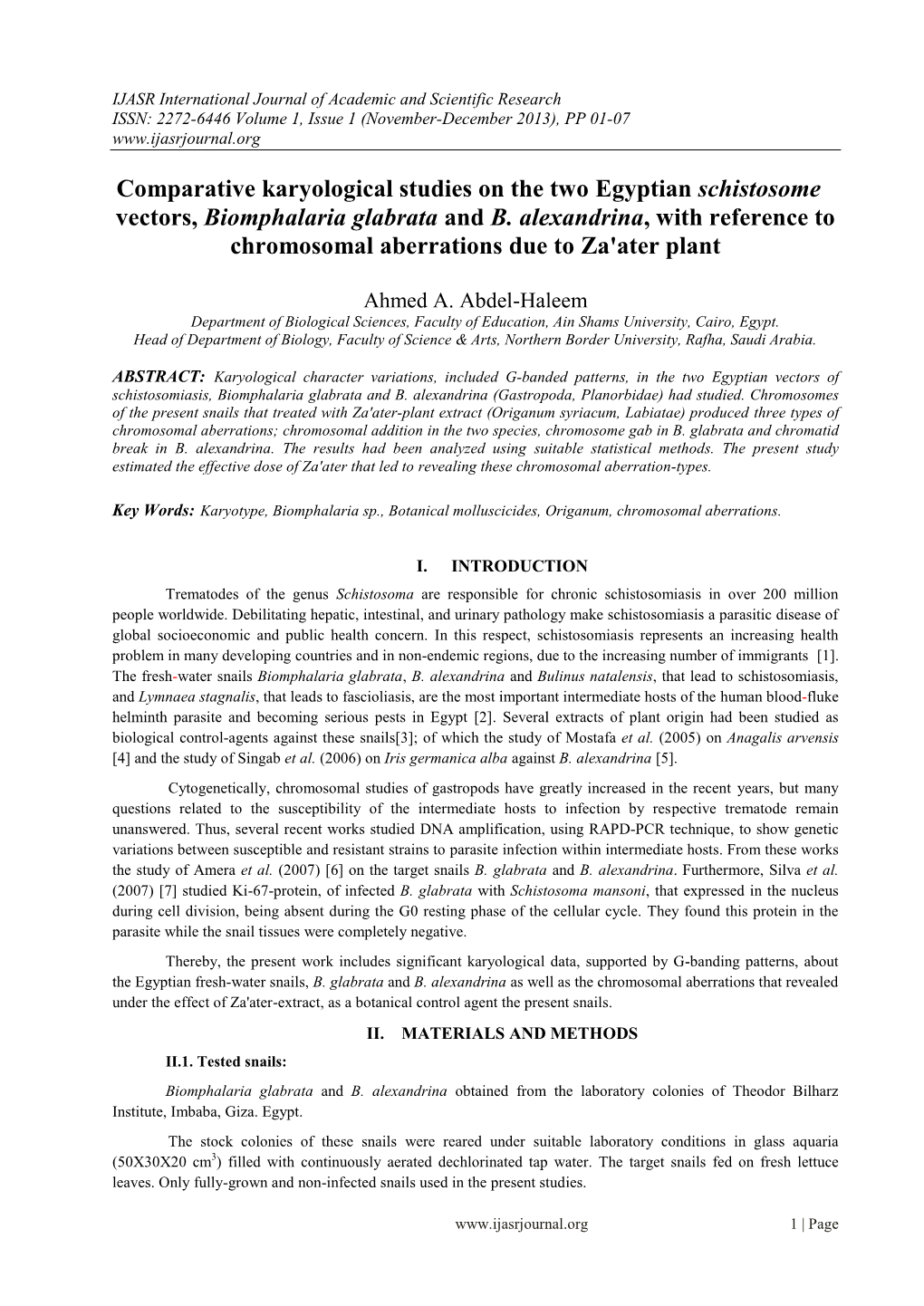 Comparative Karyological Studies on the Two Egyptian Schistosome Vectors, Biomphalaria Glabrata and B