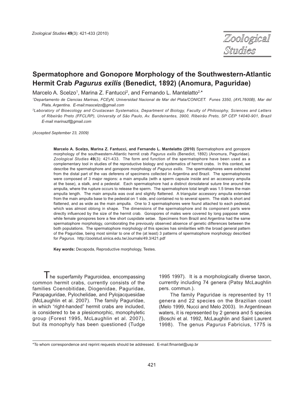 Spermatophore and Gonopore Morphology of the Southwestern-Atlantic Hermit Crab Pagurus Exilis (Benedict, 1892) (Anomura, Paguridae) Marcelo A