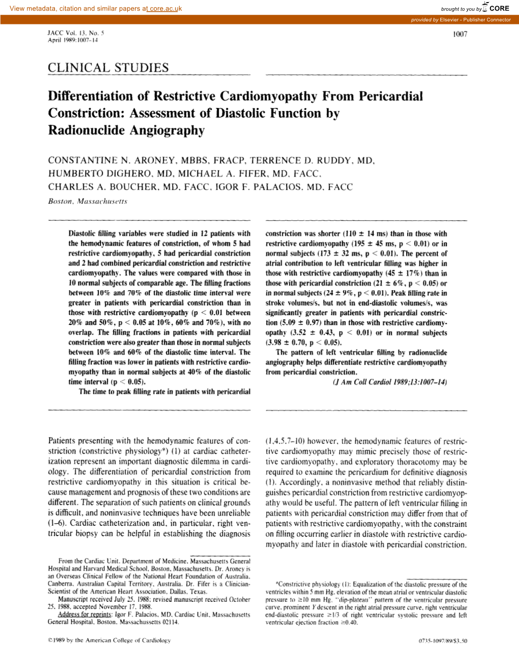 Differentiation of Restrictive Cardiomyopathy from Pericardial Constriction: Assessment of Diastolic Function by Radionuclide Angiography