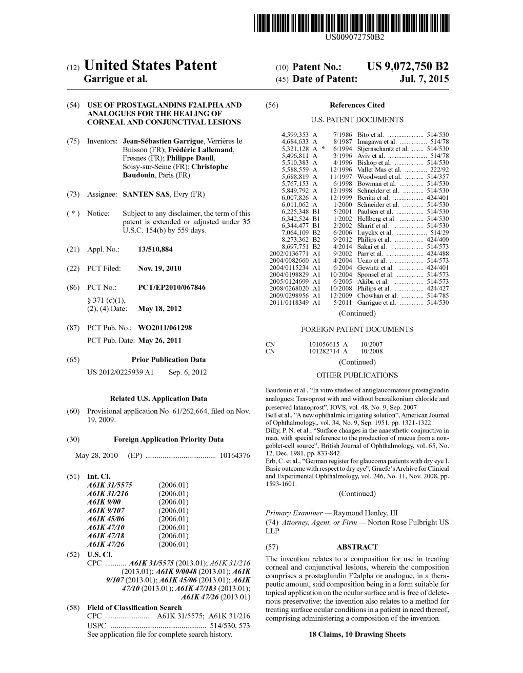 (12) United States Patent (10) Patent No.: US 9,072,750 B2 Garrigue Et Al