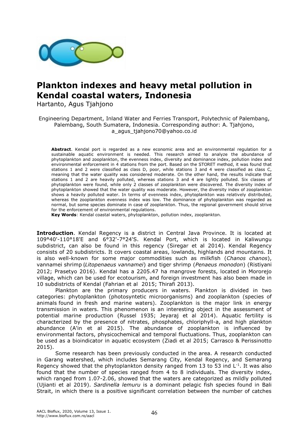 Hartanto., Tjahjono A., 2020 Plankton Indexes and Heavy Metal Pollution in Kendal Coastal Waters, Indonesia