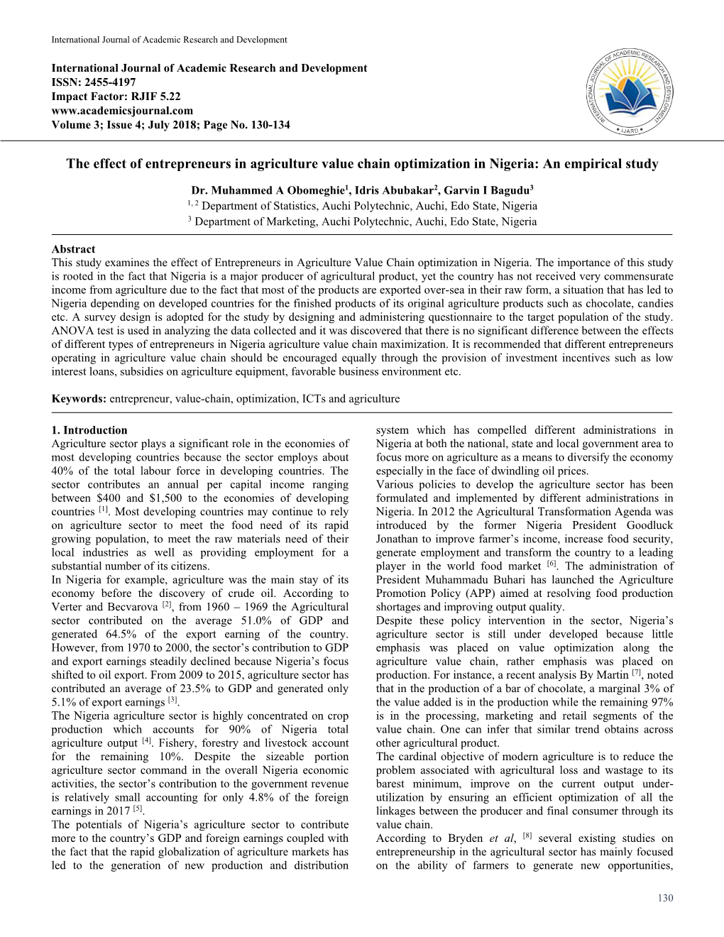 The Effect of Entrepreneurs in Agriculture Value Chain Optimization in Nigeria: an Empirical Study