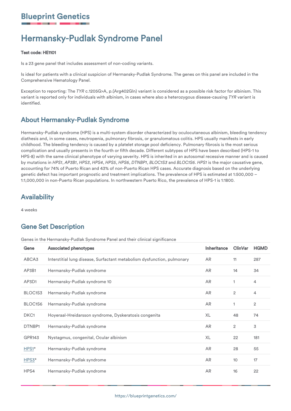 Blueprint Genetics Hermansky-Pudlak Syndrome Panel