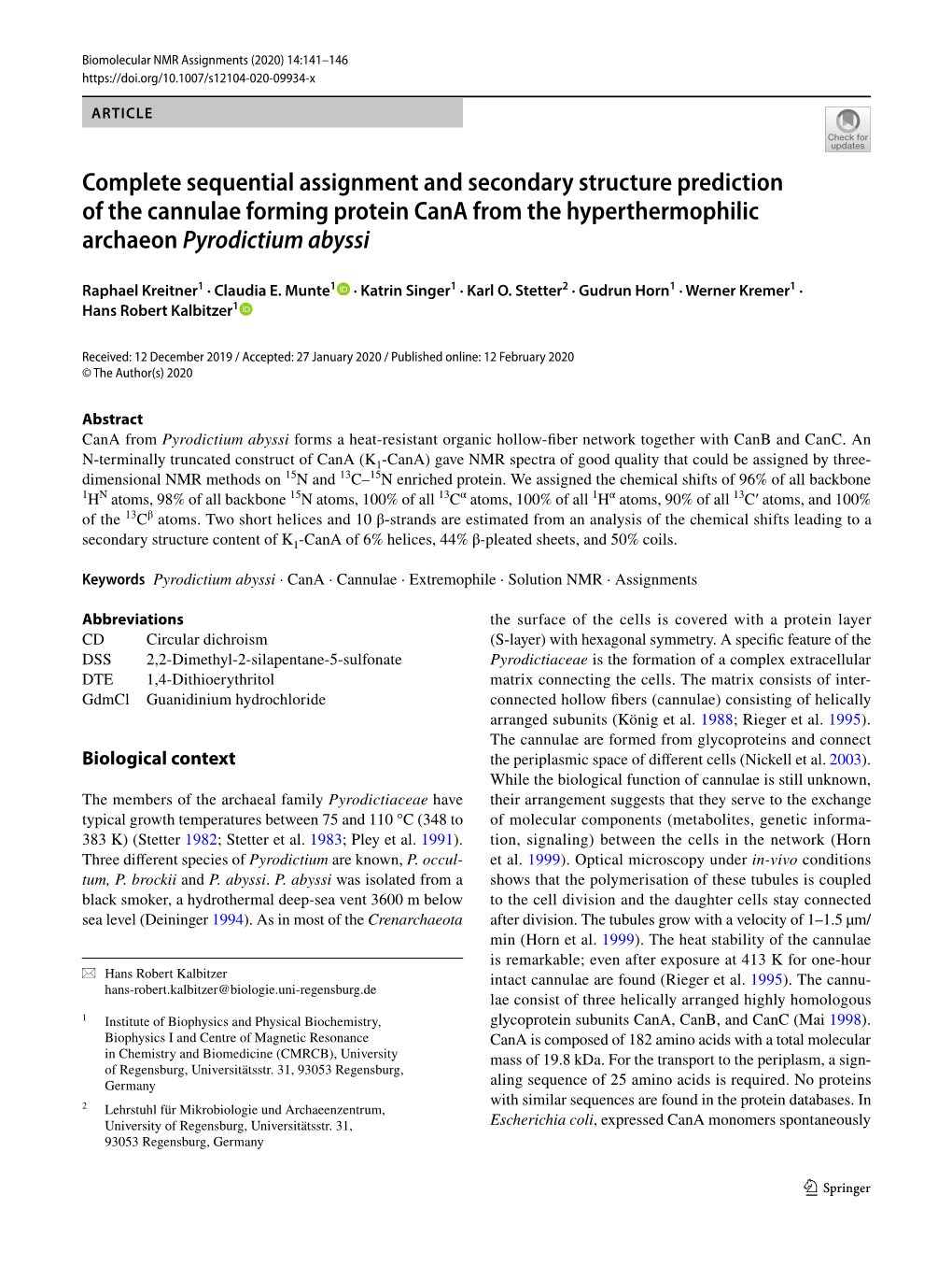 Complete Sequential Assignment and Secondary Structure Prediction of the Cannulae Forming Protein Cana from the Hyperthermophilic Archaeon Pyrodictium Abyssi