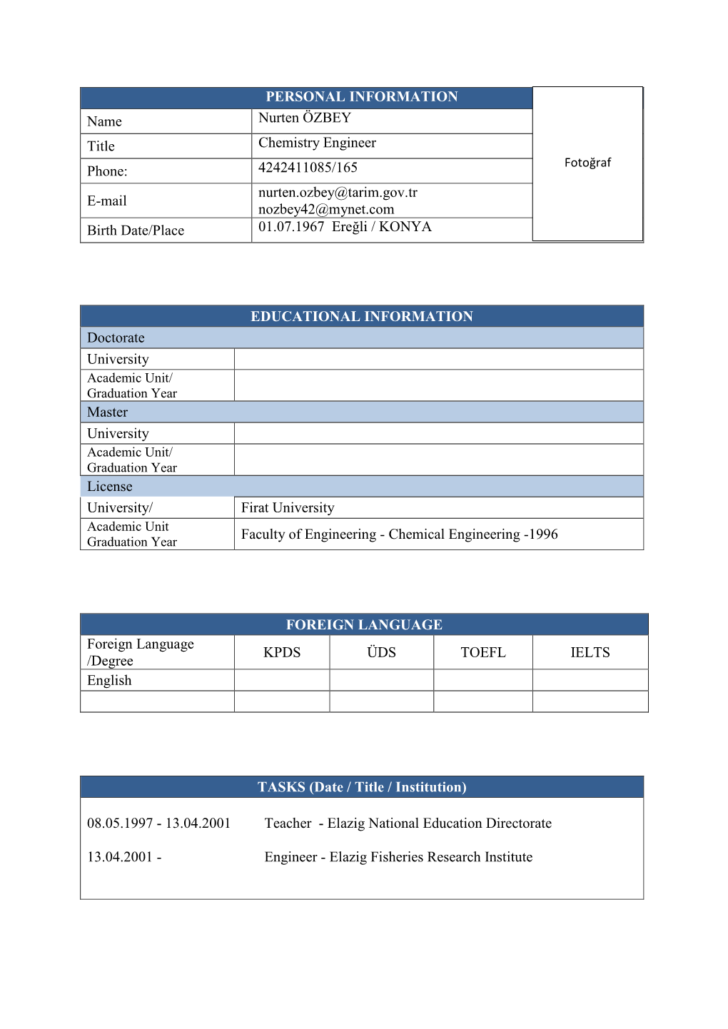 PERSONAL INFORMATION Name Nurten ÖZBEY Title Chemistry