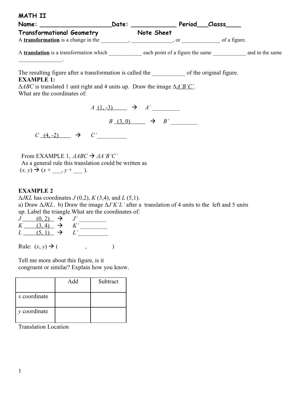 Transformational Geometry -Translations