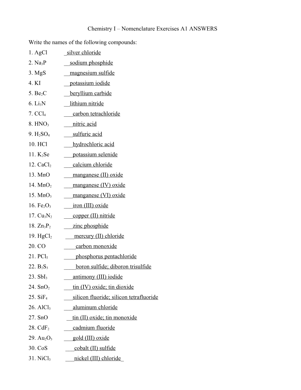 Chemistry I Nomenclature Exercises