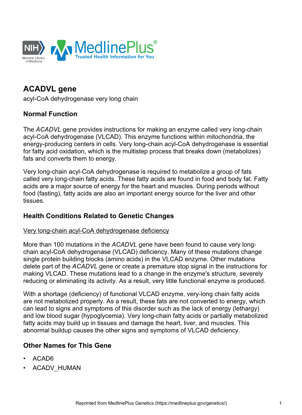 ACADVL Gene Acyl-Coa Dehydrogenase Very Long Chain