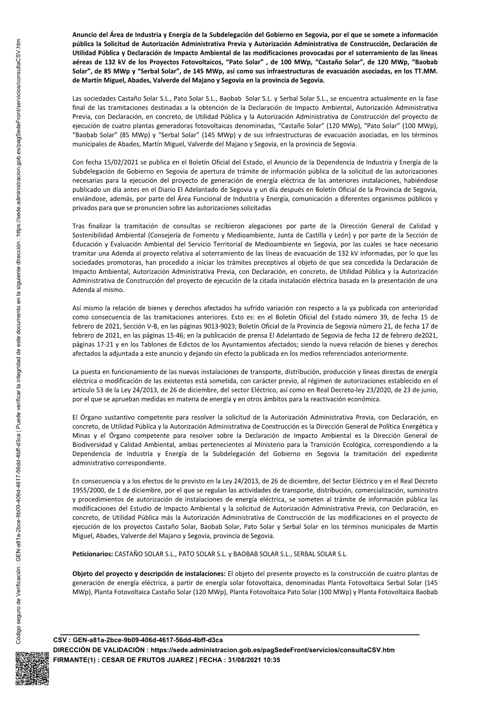 Anuncio Del Área De Industria Y Energía De La Subdelegación Del Gobierno En Segovia, Por El Que Se Somete a Información