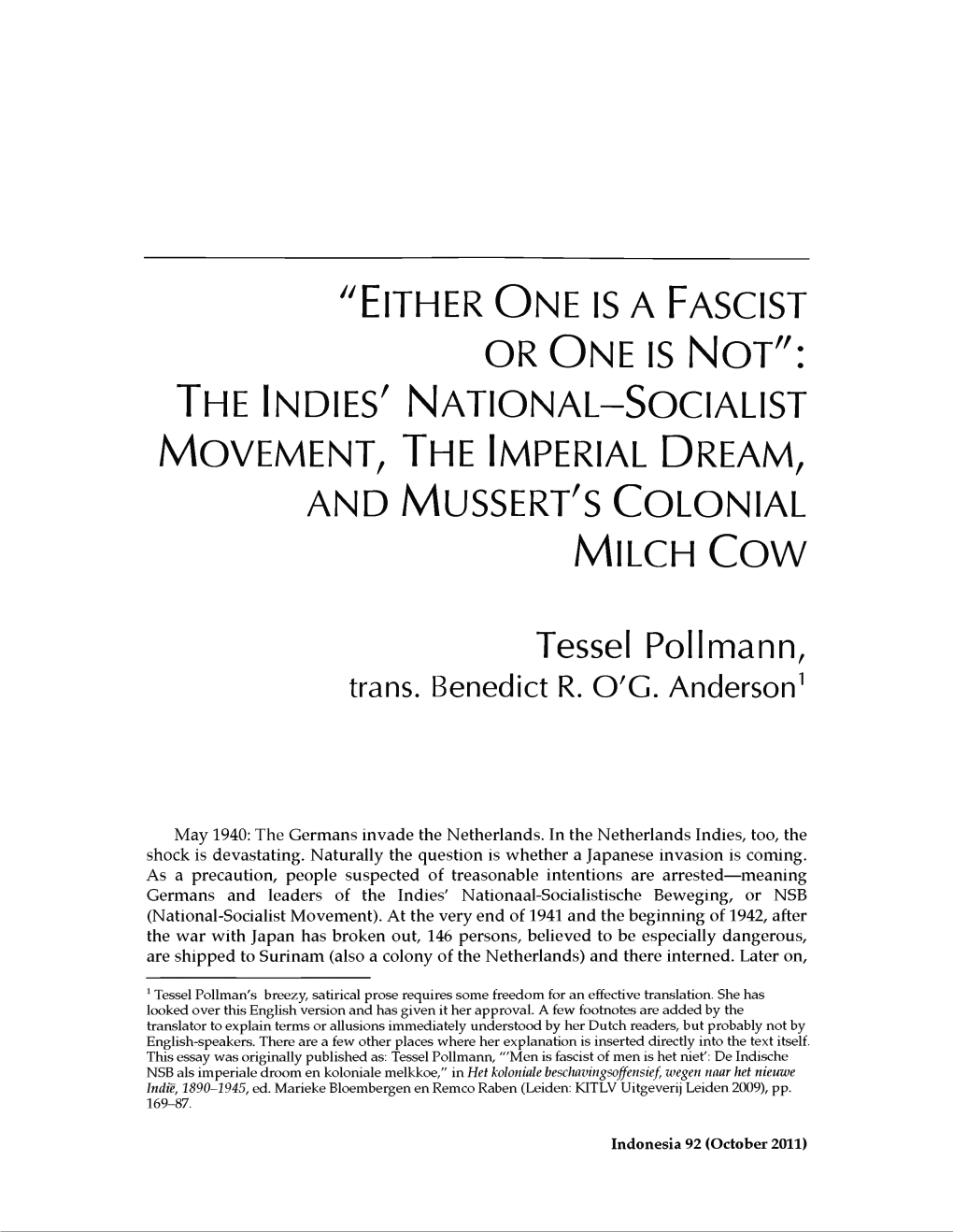 The Indies' National-Socialist Movement, the Imperial Dream, and M Ussert's Colonial M Ilch Co W