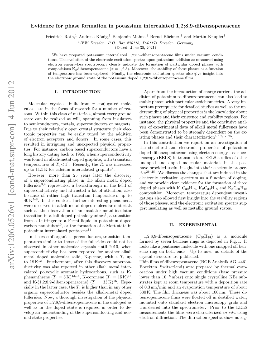 Evidence for Phase Formation in Potassium Intercalated 1, 2; 8, 9-Dibenzopentacene