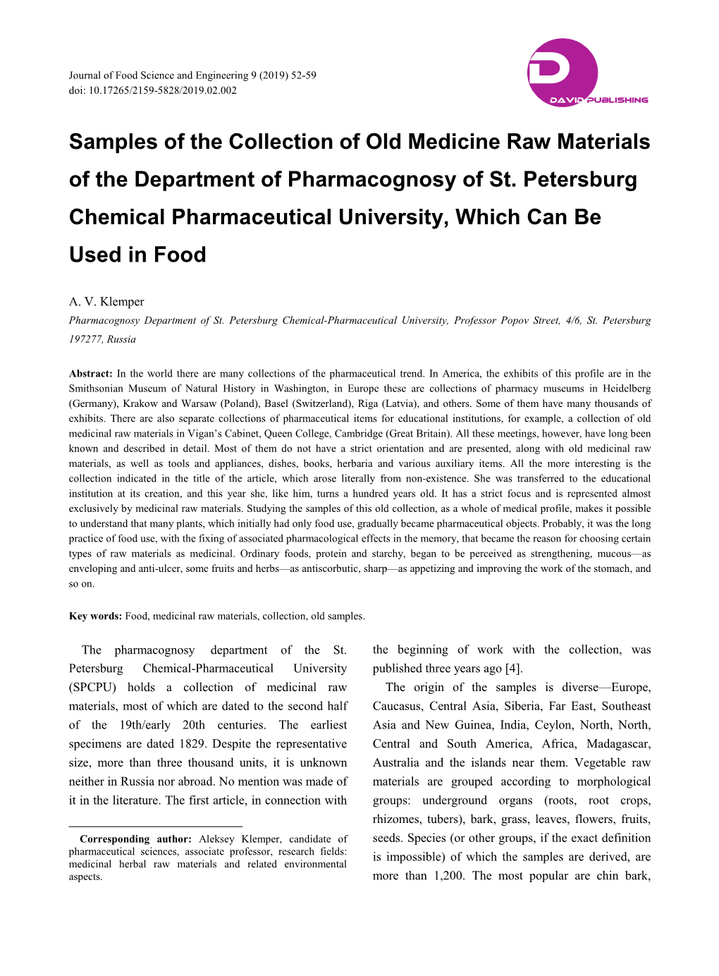 Samples of the Collection of Old Medicine Raw Materials of the Department of Pharmacognosy of St