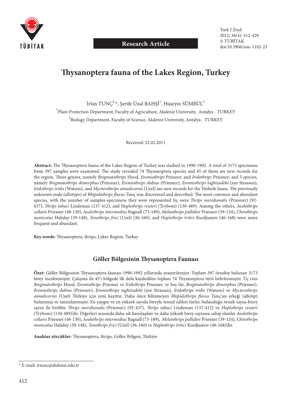 Thysanoptera Fauna of the Lakes Region, Turkey