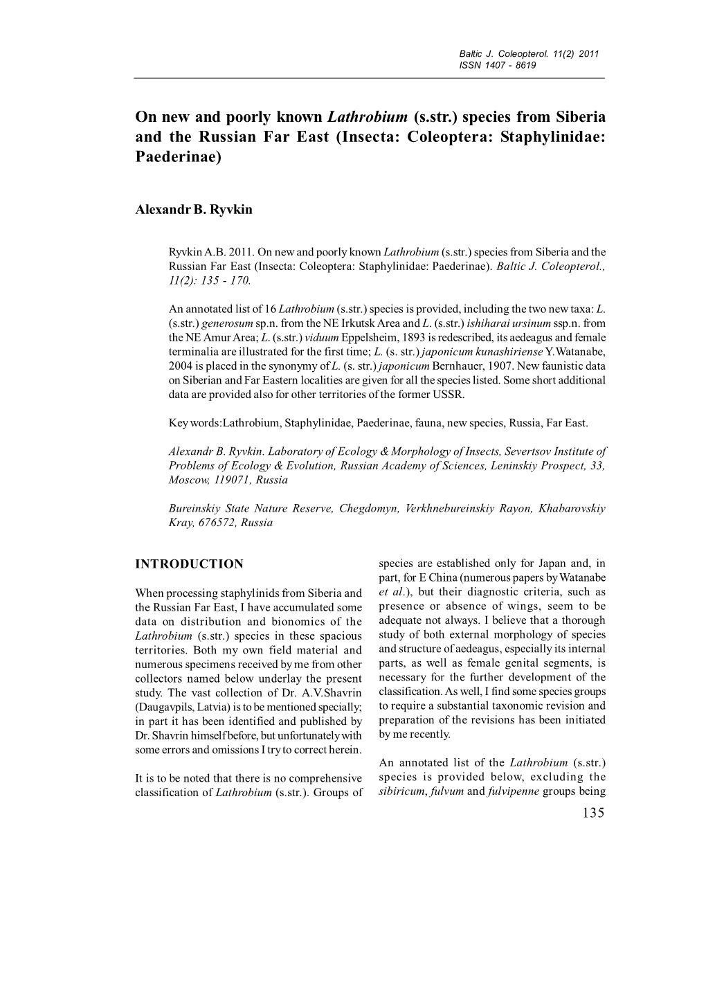 On New and Poorly Known Lathrobium (S.Str.) Species from Siberia and the Russian Far East (Insecta: Coleoptera: Staphylinidae: Paederinae)