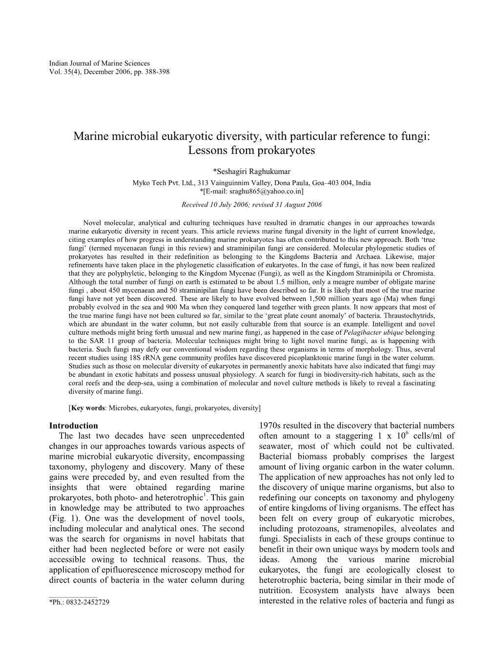 Marine Microbial Eukaryotic Diversity, with Particular Reference to Fungi: Lessons from Prokaryotes