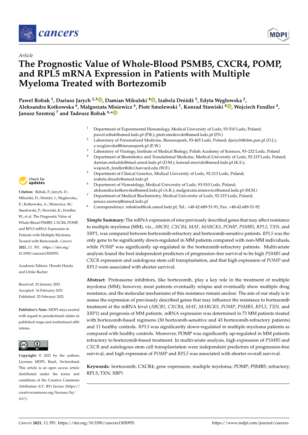 The Prognostic Value of Whole-Blood PSMB5, CXCR4, POMP, and RPL5 Mrna Expression in Patients with Multiple Myeloma Treated with Bortezomib