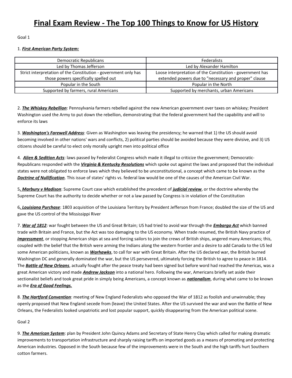 Final Exam Review - the Top 100 Things to Know for US History