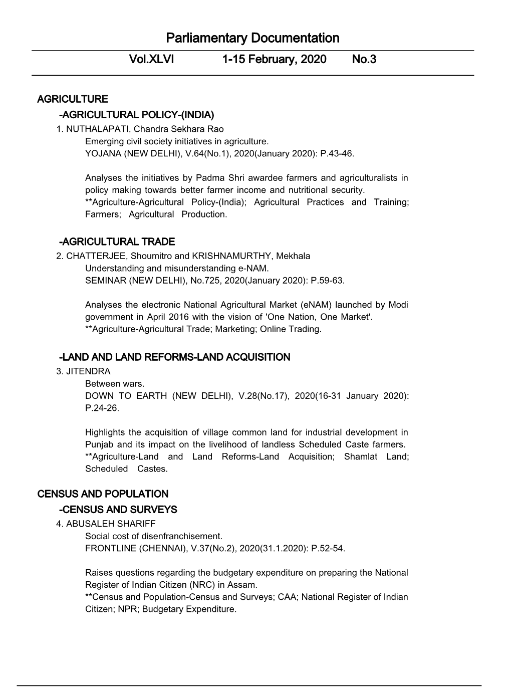 Parliamentary Documentation Vol.XLVI 1-15 February, 2020 No.3