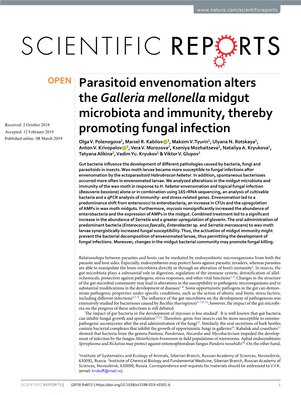 Parasitoid Envenomation Alters the Galleria Mellonella Midgut Microbiota and Immunity, Thereby Promoting Fungal Infection