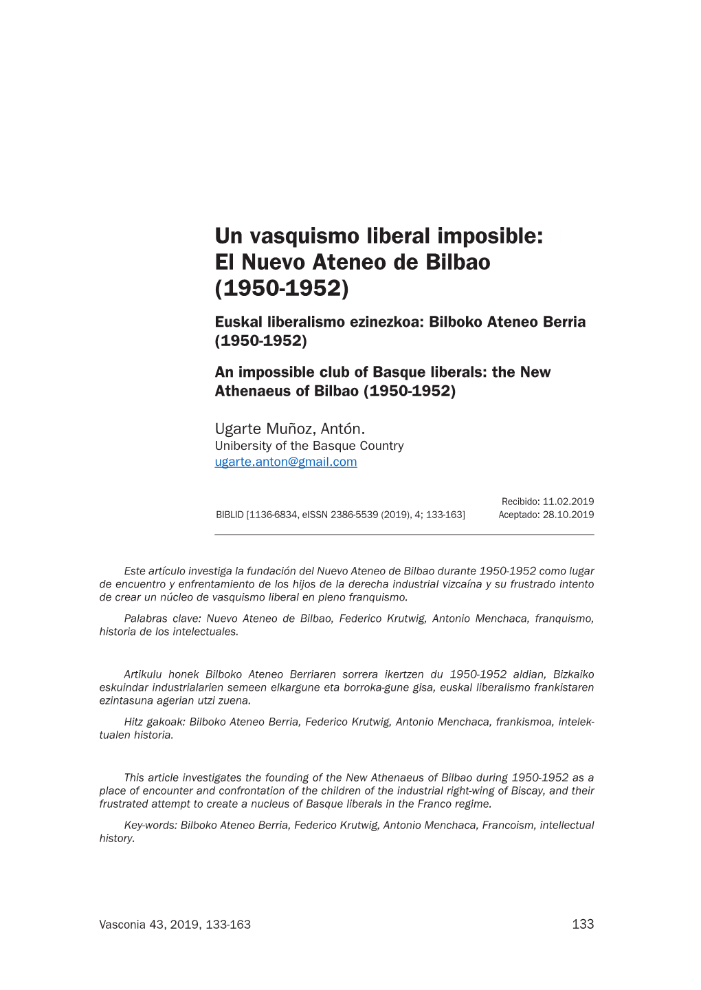 Un Vasquismo Liberal Imposible:El El Nuevo Ateneo De Bilbao (1950-1952)