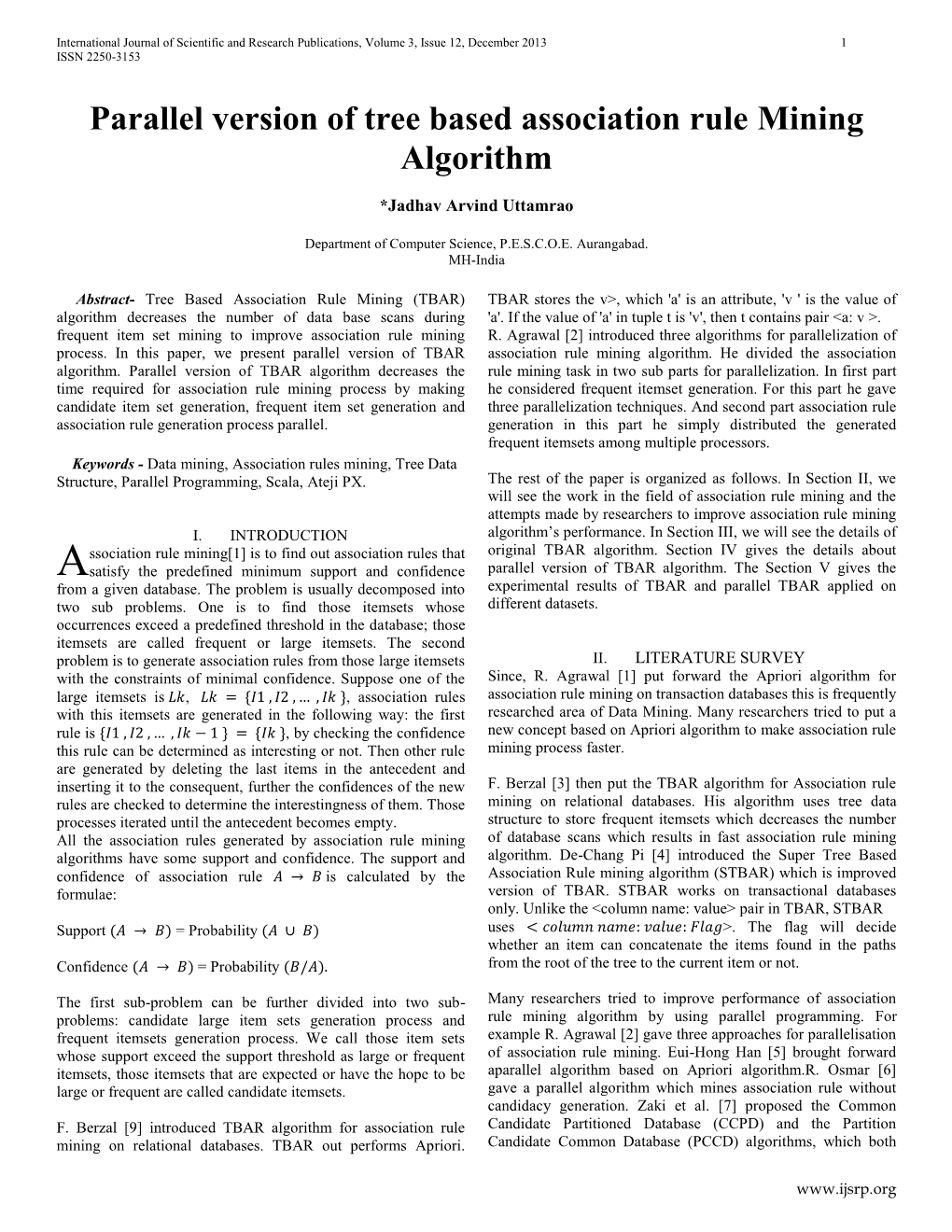 Parallel Version of Tree Based Association Rule Mining Algorithm