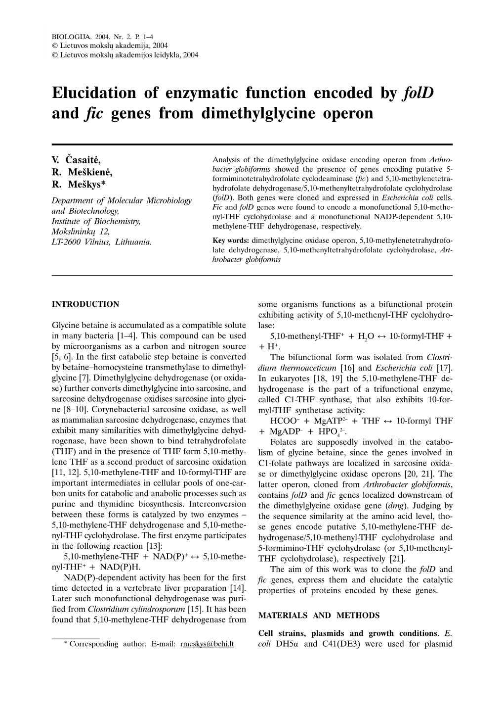 Elucidation of Enzymatic Function Encoded by Fold and Fic Genes from Dimethylglycine Operon