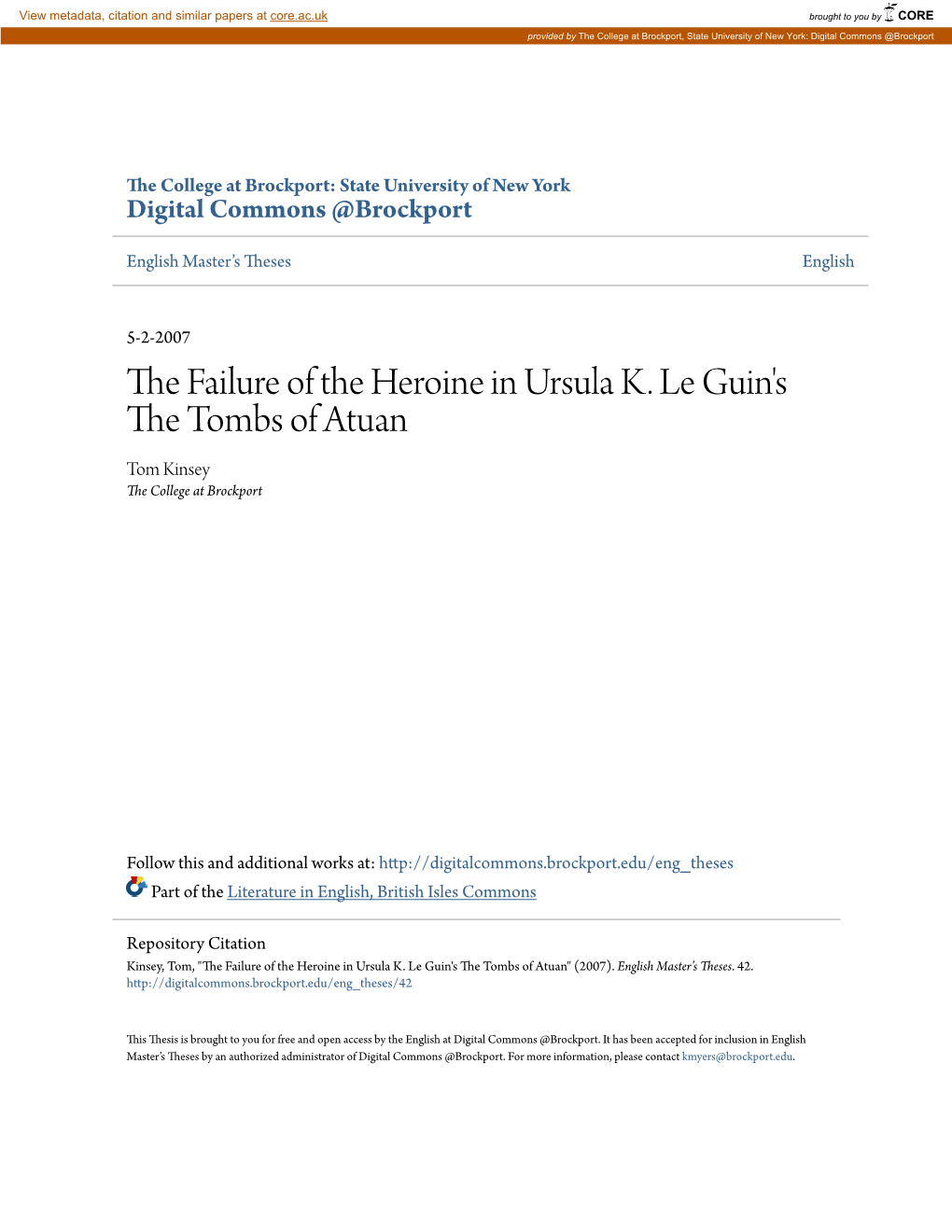 The Failure of the Heroine in Ursula K. Le Guin's the Tombs of Atuan