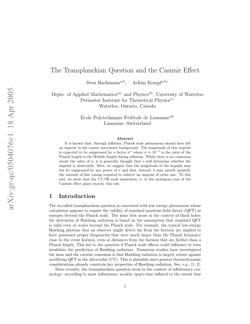 The Transplanckian Question and the Casimir Effect