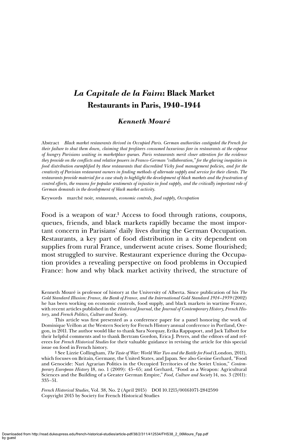 La Capitale De La Faim: Black Market Restaurants in Paris, 1940–1944