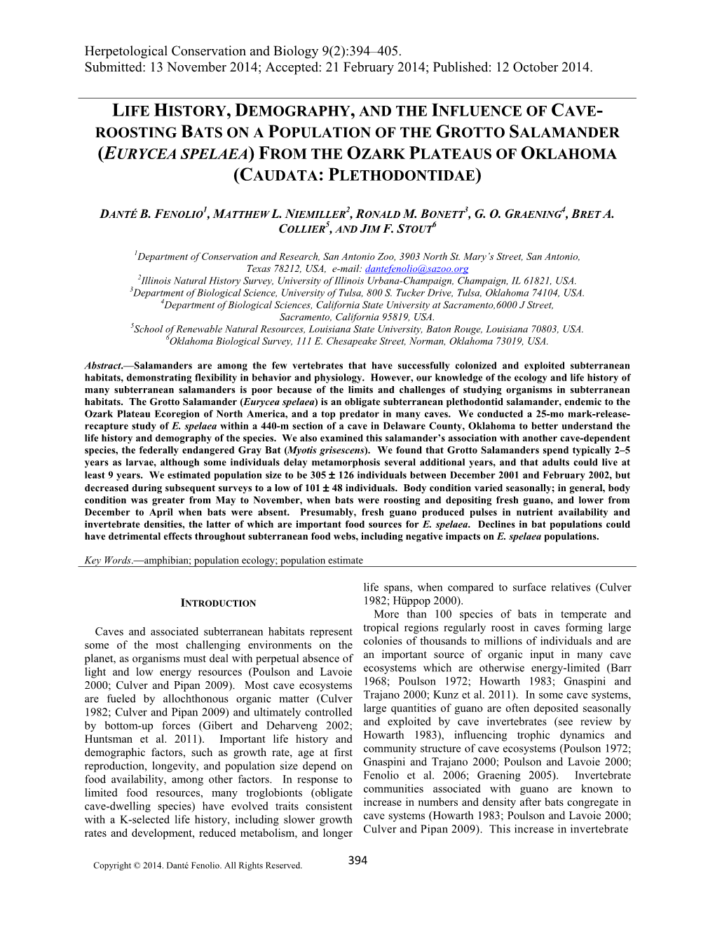 Life History, Demography, and the Influence of Cave- Roosting Bats on a Population of the Grotto Salamander (Eurycea Spelaea) Fr