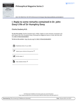 I. Reply to Some Remarks Contained in Dr. John Davy's Life of Sir Humphry Davy
