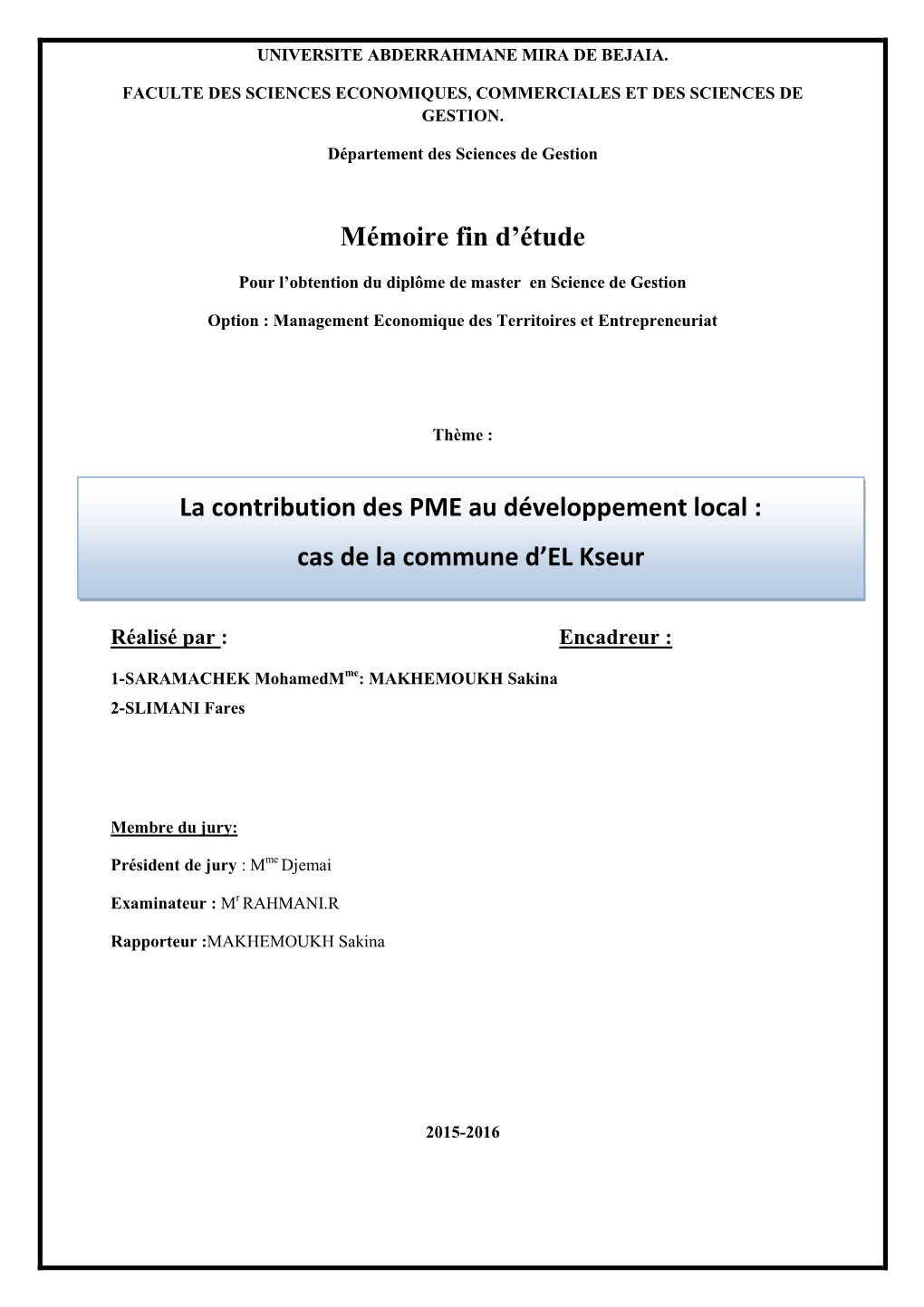 Mémoire Fin D'étude La Contribution Des PME Au Développement Local