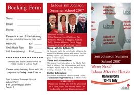 Booking Form Labour Tom Johnson Summer School 2007