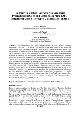 Building Competitive Advantage in Academic Programmes in Open and Distance Learning (ODL) Institutions: Case of the Open University of Tanzania
