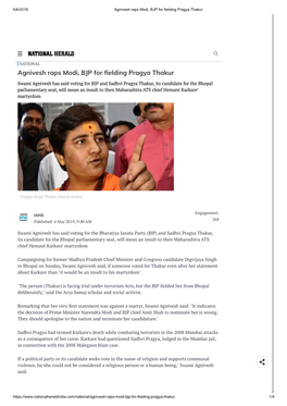 Agnivesh Raps Modi, BJP for Elding Pragya Thakur