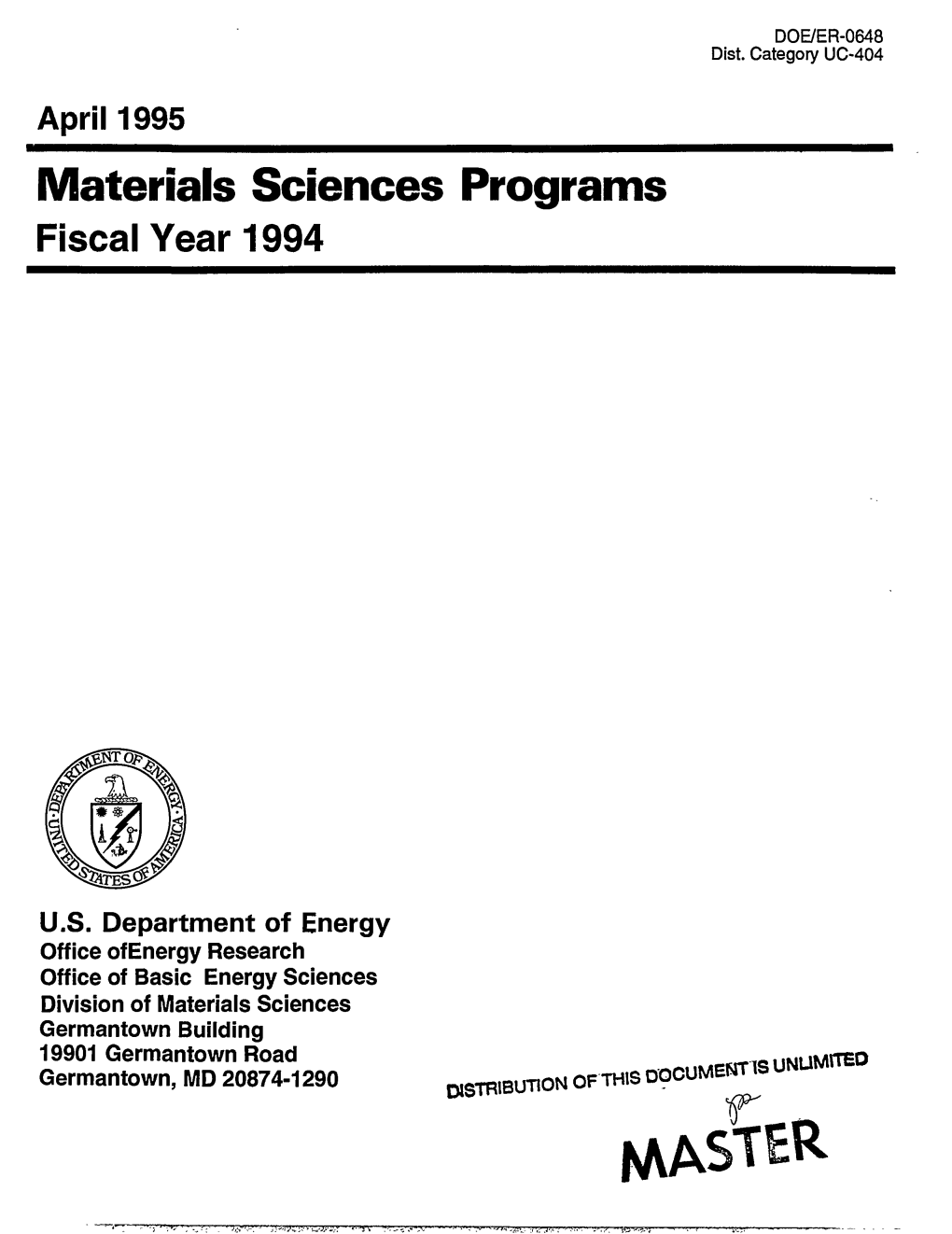 Materials Sciences Programs Fiscal Year 1994