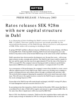 Ratos Releases SEK 928M with New Capital Structure in Dahl