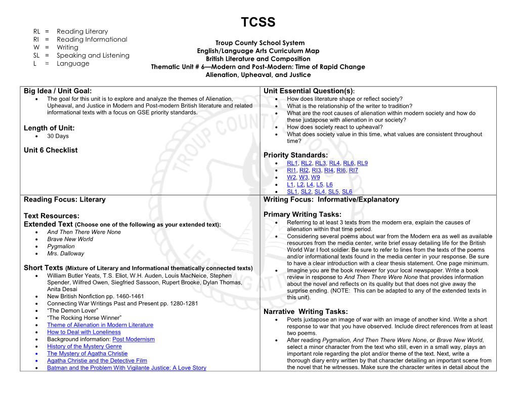 Priority Standards: Reading Focus: Literary