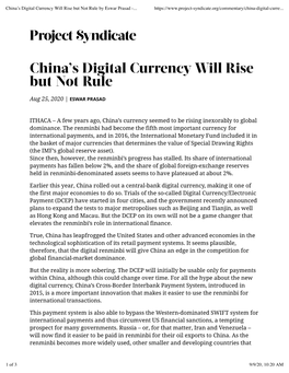 China's Digital Currency Will Rise but Not Rule by Eswar Prasad