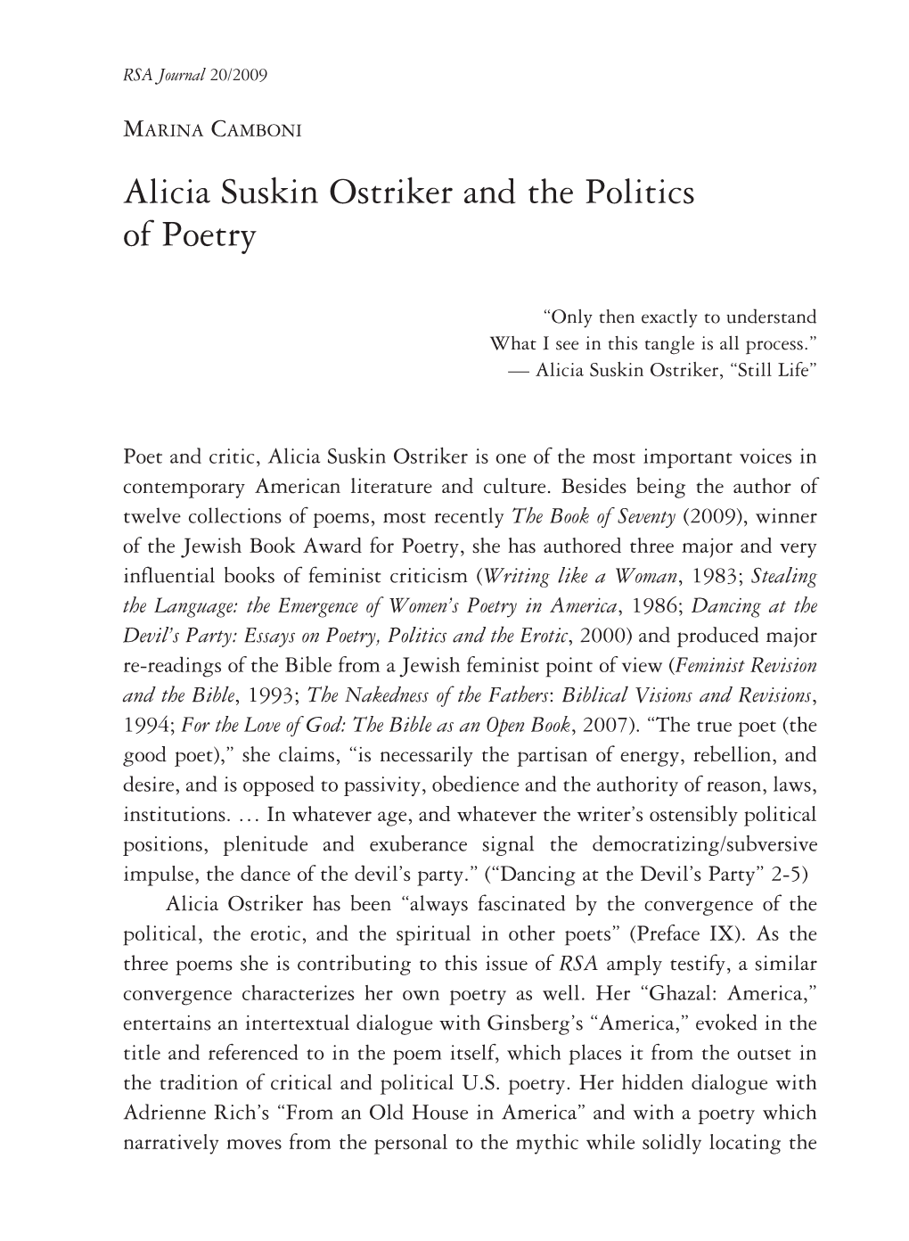 Alicia Suskin Ostriker and the Politics of Poetry