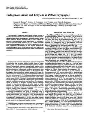 Endogenous Auxin and Ethylene in Pellia (Bryophyta)' Received for Publication January 25, 1983 and in Revised Form May 19, 1983