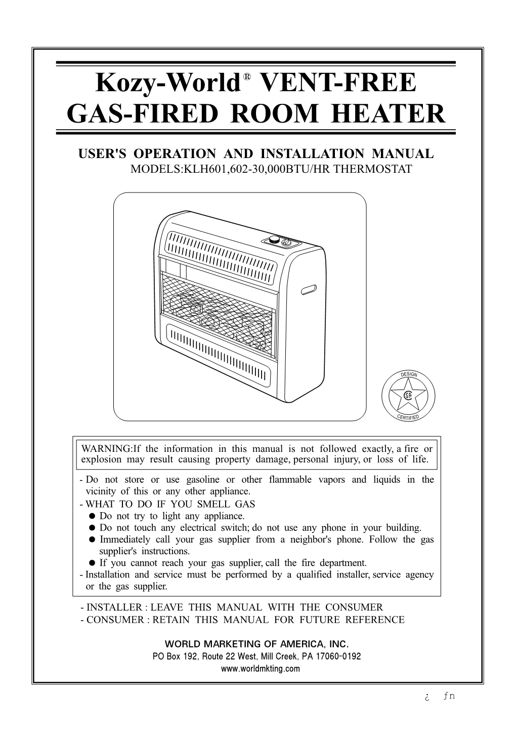 Kozy-World VENT-FREE GAS-FIRED ROOM HEATER