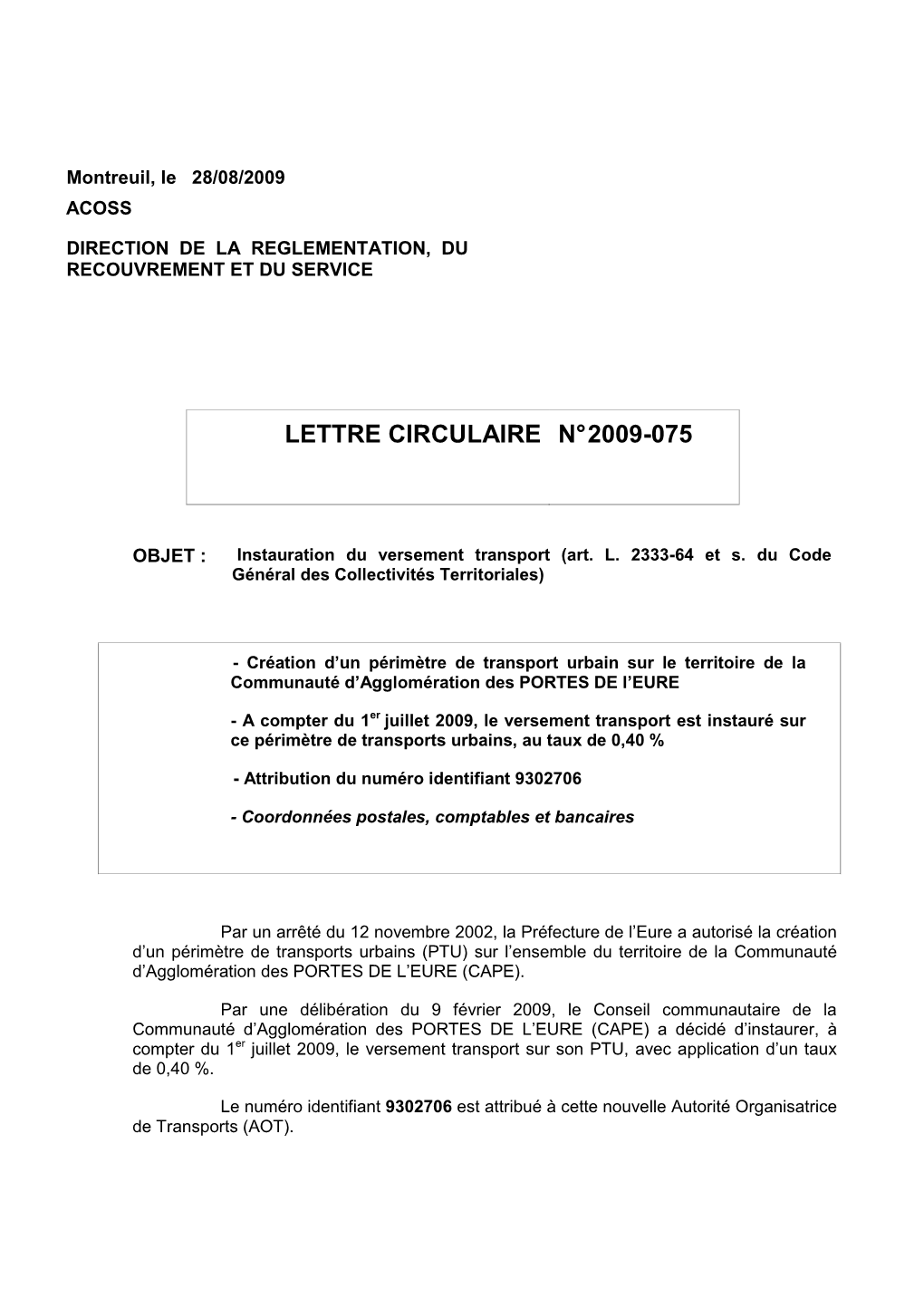 Lettre Circulaire N° 2009-075