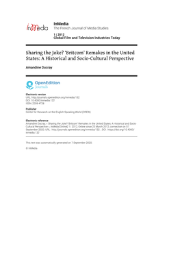 Inmedia, 1 | 2012 Sharing the Joke? ‘Britcom’ Remakes in the United States: a Historical and So